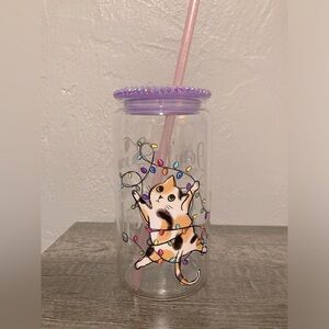 Hand Crafted Christmas Cat Glass Tumbler